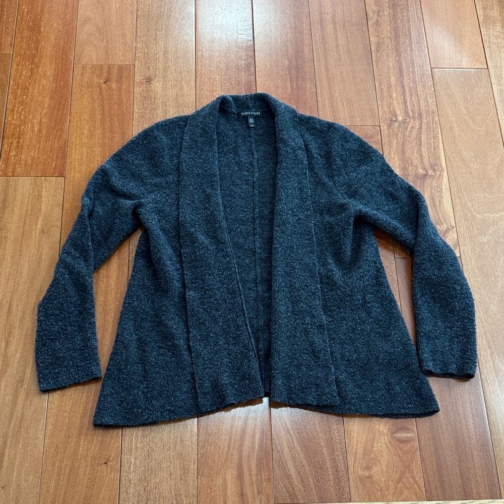 Eileen Fisher Dark‎ Gray Women's Open Front Waterfall Wool Cardigan Size SP